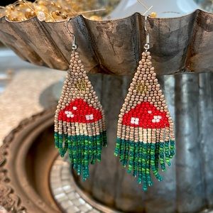Beaded Mushroom Long Dangle Earrings Boho Style